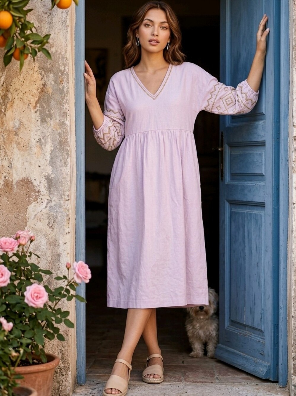 Embroidered-Sleeve Popover Midi Dress Sz S Two Side Pockets